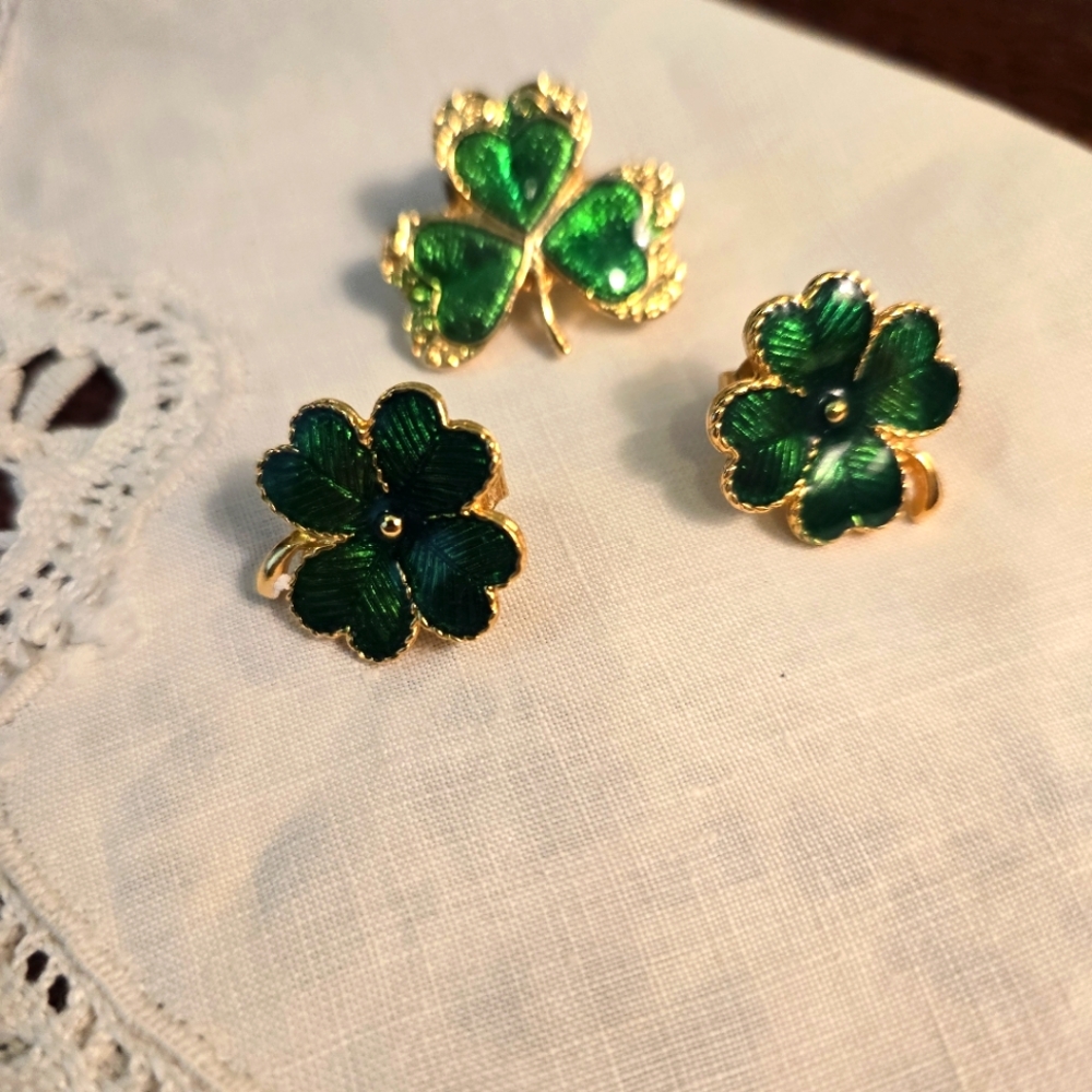 Vintage St. Patrick's Day Earrings & Pin/Brooch, 3 & 4 Leaf Clover, Party